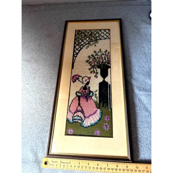 Vintage Framed Needlepoint Art of Victorian Lady 9.5" x 20" 1950s - Picture 9 of 10